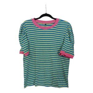 Women's XL Blue Green Striped Crewneck Shirt Colorblock Y2K Summer Top Retro Tee